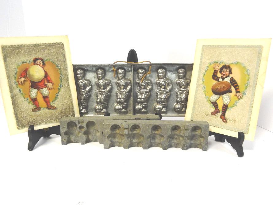 Three Chocolate Molds and Tucks Valentines: Three chocolate molds & Tucks sports valentines, soccer chocolate mold, snowman 2 sided mold, Tucks baseball & football cards, largest soccer mold 12 1/4"