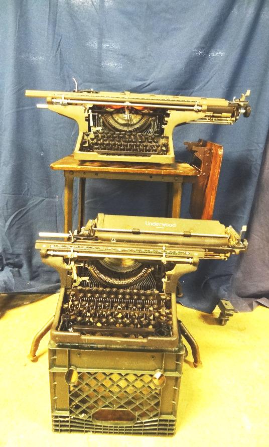 Two Vintage Typewriters and Standard: Two vintage typewriters and stand, Underwood Standard, 30" (t) 23" (w), - 10" (t), 29" (l)