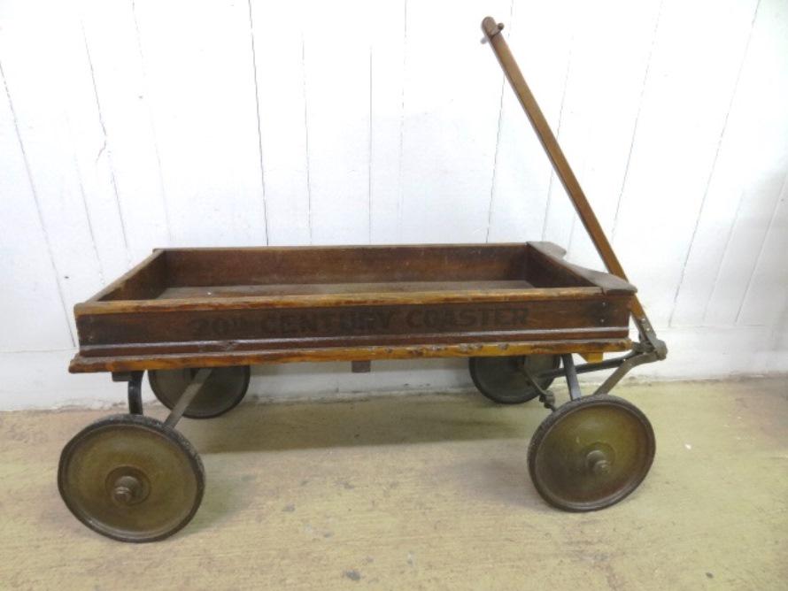 Vintage Wooden Coaster Wagon: Vintage Wooden Coaster Wagon " 20th Century Coaster Wagon " on side 17" T 49" L 20" W