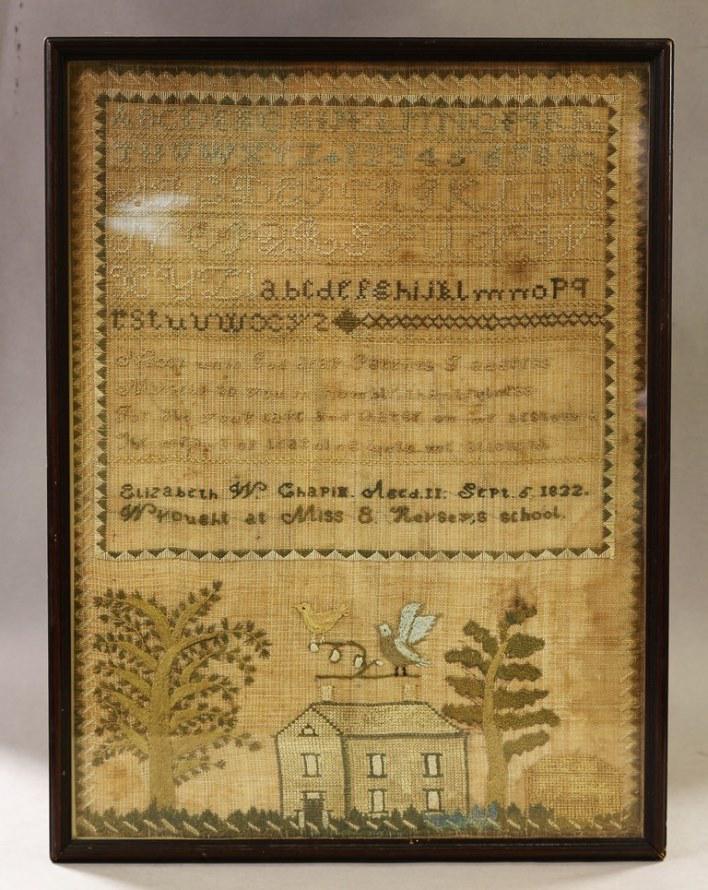 Childs Alphabet Sampler 1822: Childs Alphabet Sampler 1822, Elizabeth W. Chapin, Aged 11, Sept 5, 1822. Miss B Hersey's School. Alphabet in Upper and Lower Case, that tops house with two birds / two trees and green plants on base.