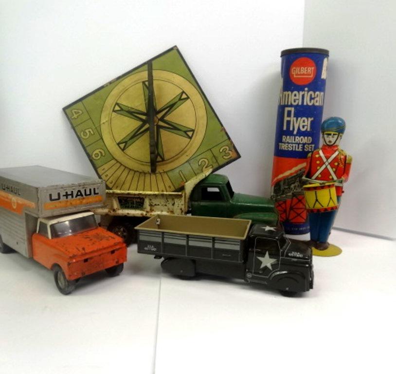 Vintage Toy Lot: Wolverine Drum Major Windup ( as is) #27 12 1/2" ,Gilbert Flyer Railroad trestle Bridge in original container not sure all there, Marx Army Truck 41573147 13 1/2" L good condition Buddy L Dump Truck H