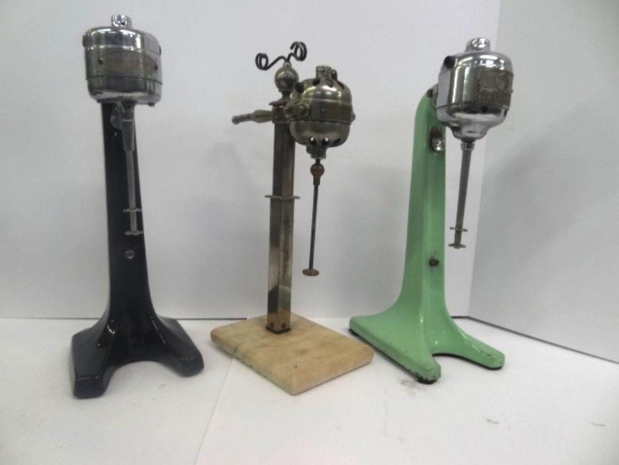 Three Hamilton Beach Milkshake Mixers: three Hamilton black Milkshake Mixers 9 no cords or Cups) Bases only, On Jadeite Colored Enamel ,black #25, Marble Base 4W42914 18"