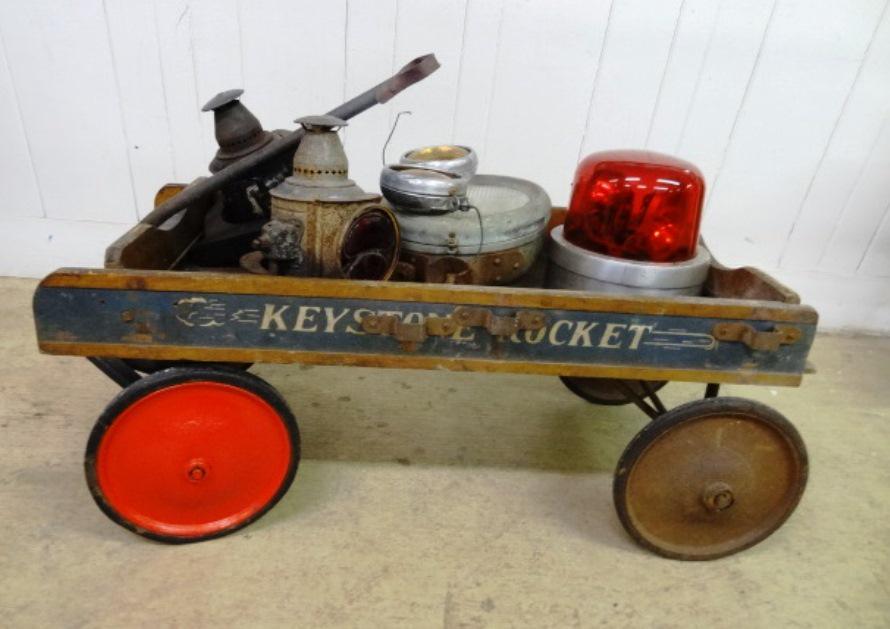 "Keystone Rocket" Wooden Wagon and Lighting: Wagon is filled with Railroad lights, Car head lights, Red Siren Light, Spot Light, all in as is condition