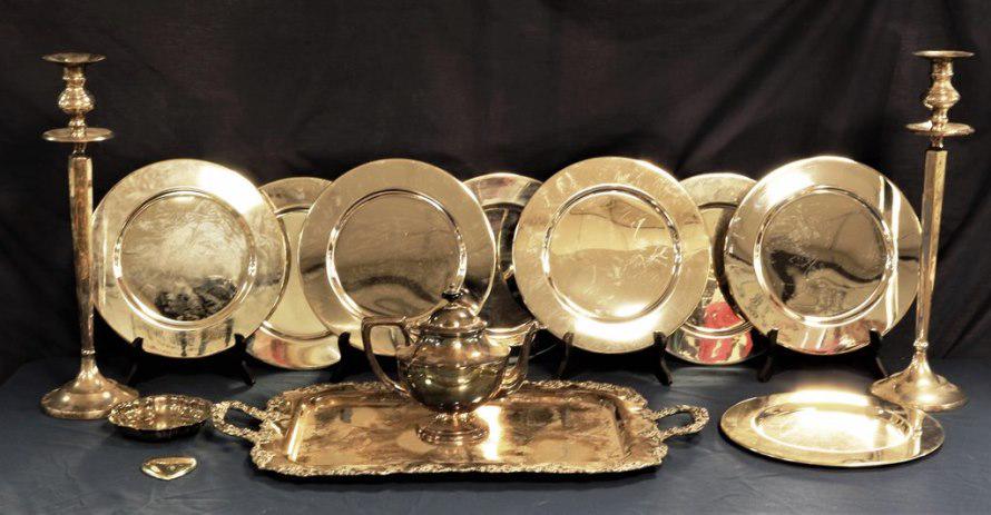 Decorative Silver-plate one with Hallmarks: Two Large Candles 19" Tall, eight underplates , teapot, and Very Fancy Serving Tray with English Hallmarks.
