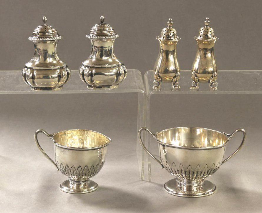Sterling Table Hollow Ware Accessories: Gorham sterling sugar 2.75"H and creamer, two sets of English sterling shakers, 10.5 ozt total weight