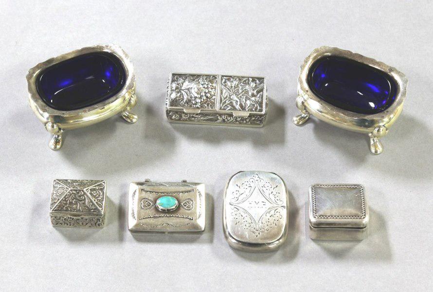 Small Silver Boxes & Salt Dishes: Group of five small silver boxes, largest 2"L, 3 marked .925, 2 unmarked, pair of English salt dishes with worn hallmarks, 4.6 ozt total weight