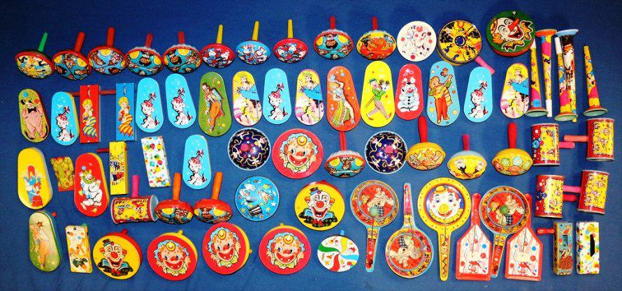 New years Eve Tin Noise Makers: Approx. 50 New Years Eve Tin colorful Noise Makers, Some contemporary but most Antique. All sizes , shapes, and styles. 9" largest .Wonderful scenes and colors.