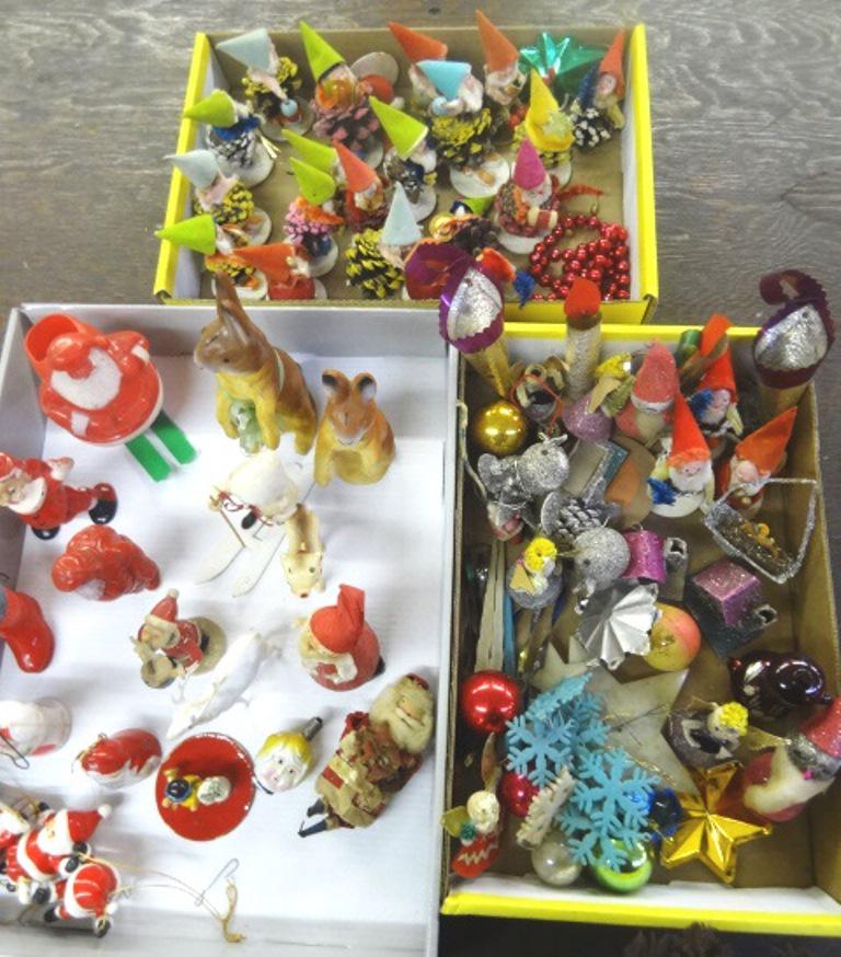 Vintage Christmas Decorations, two Easter: Cotton Batting Skier , two Rabbit Candy containers, Plastic Santa's, Japanese Nome Santa's with Sparkle, Sparkle Santa's and all kinds of other items. 7" Largest, approx. 50 or more items. Very fun lo