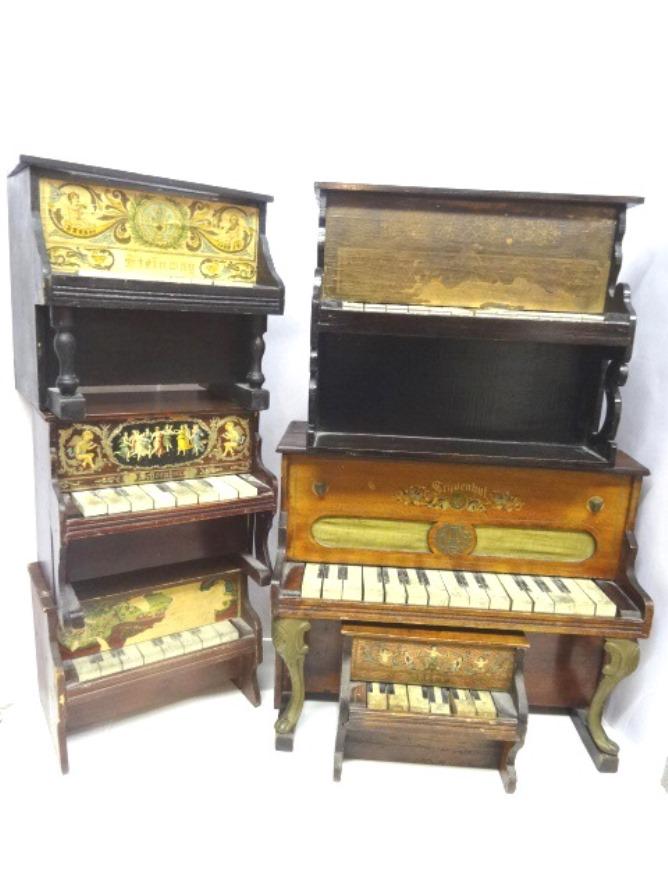 Six Doll Sized Pianos Steinway & Schoenhut: Six Doll Sized Pianos Steinway & Schoenhut. They are all in played with condition,