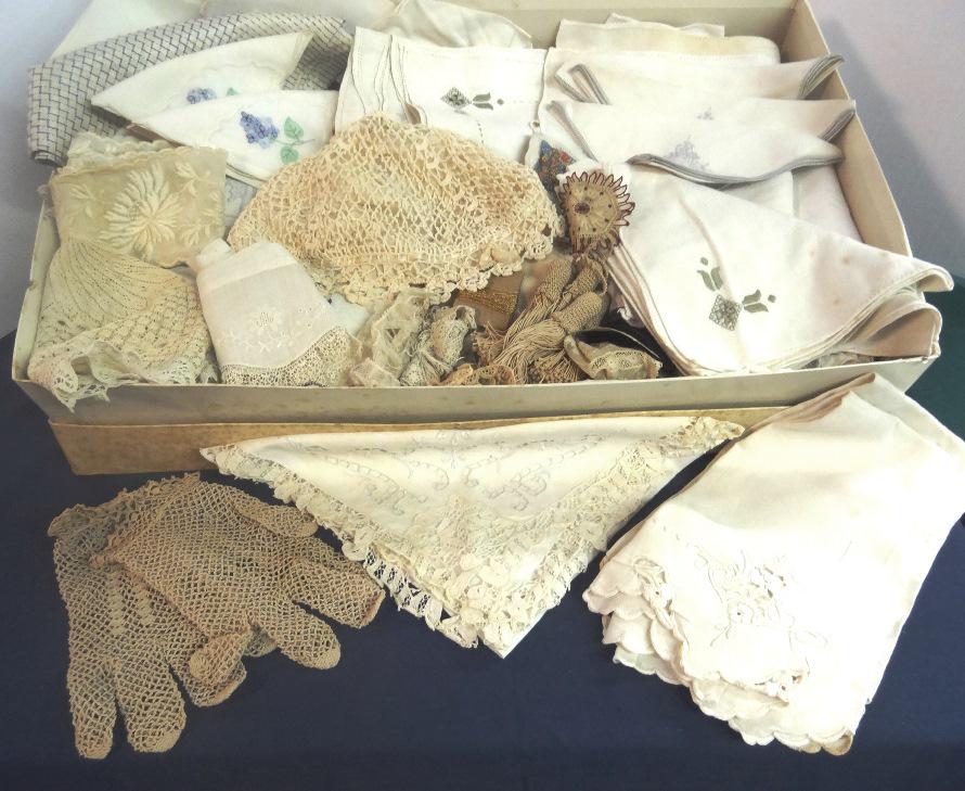 Box of Vintage Linens: Handmade hat, gloves, trim, Madeira Napkin, Linen hand towels. Vintage yardage of appliqued lace, etc.