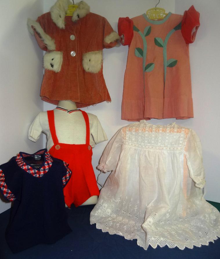 4 Classic Children: Vintage Mariska Karasz New York Children's Dress with Floral Applique that goes to blooms on the arms. An DuPont Orlon Infanta Red and White Childs Shorts and Sweater, White Victorian Childs Dress, Ha