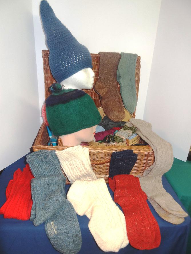 Vintage Ski Wear: Max Hurni Knitted in Switzerland blue hat, other ski cap, several pairs of woolen cable stitch socks and lots of other items