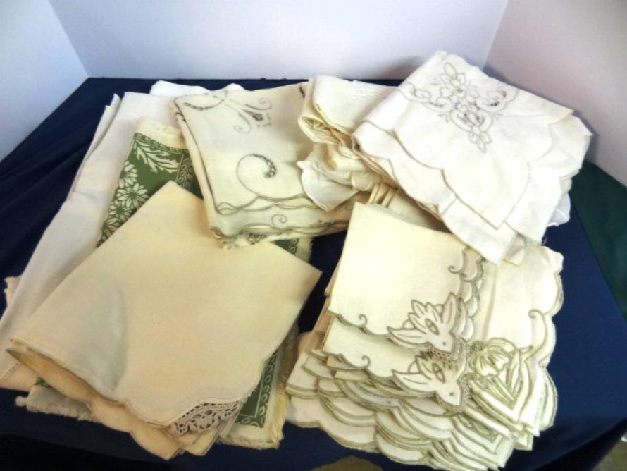 Vintage Linens: Group of Linens some with Grey Designs one Cream Tablecloth and Napkins, Other tablecloths, very plain
