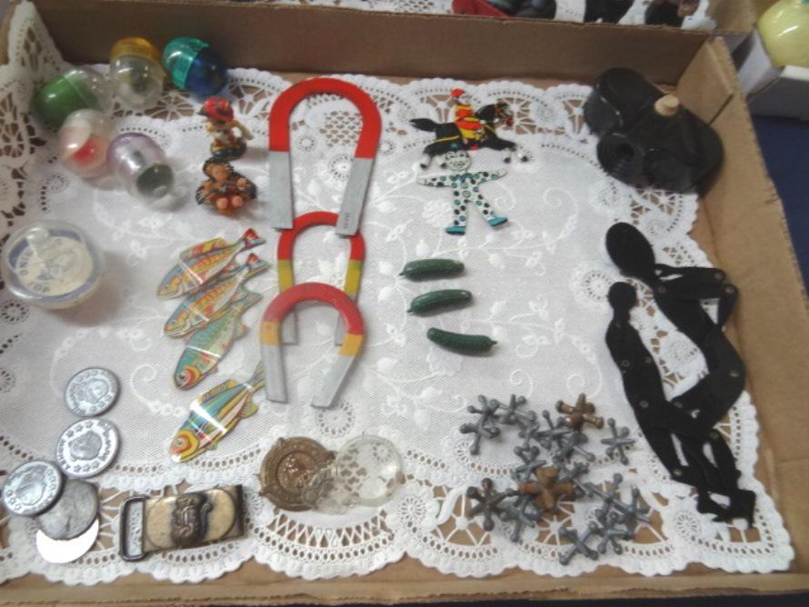 Cracker Jack and Gumball toys: Cracker Jack and Gumball toys, Cracker Jack tin Figures, Heinz Pickles, coins, gumball closed cases, black shadow bodies ( one as is) , Jax, etc.