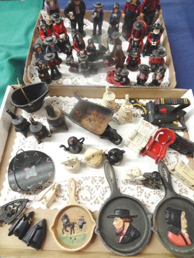 Cast Iron Amish Figures & Accessories: Cast Iron Amish Figures & Accessories Cast Iron Amish Figures approx. 50, Children, Irons, Stoves, Chairs, frying pans etc. Massive lot. In good condition