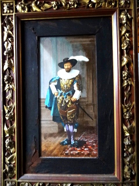 Porcelain Painting of Sir Walter Raleigh: Porcelain Painting of Sir Walter Raleigh in gilt Wooden Frame, Very detailed rendering of The Elizabethan courtier, Porcelain 1 x 16", Gilt Frame 17 x 25", signed on Verso Bailey, Banks & Biddle Phila