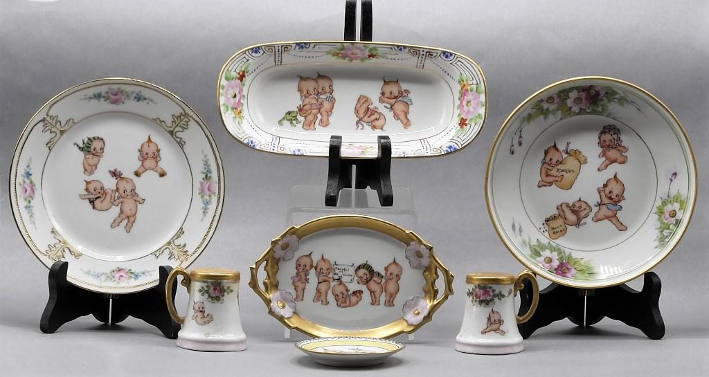 Vintage Nippon Kewpie China Pieces: Vintage Japanese Nippon china Kewpie collectibles, oval tray 6"L with salt and pepper shakers, deep bowl 6.5"D, plate 6.5"D, oval bowl 8"L and pin tray 3"D