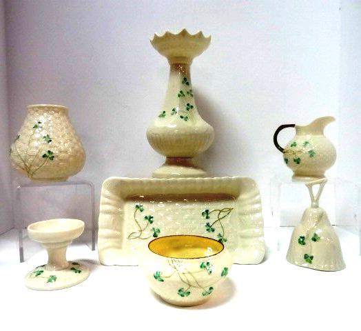 Vintage Belleek Seven pieces: Vases, pitcher, Bell, et.