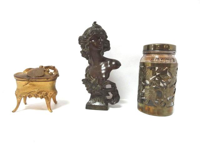 Nouveau Figure, Copper Covered Jar, Brass Jewelry Box (1 of 14)