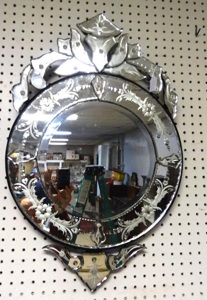 Italian Etched and Beveled Mirror: Highly Designed Italian Etched and Beveled Glass Mirrors 28" T x 18" W
