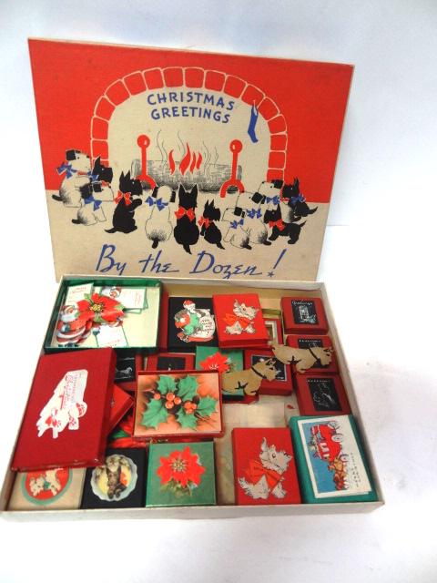 Christmas Scotty Dog Box & Seals: Christmas Scotty Dog Box 10 x 8 1/2 together with small boxes of Seals all kinds and all vintage.