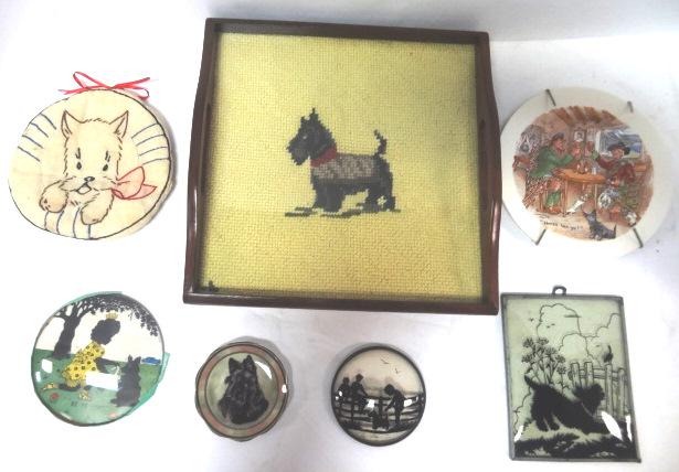 Scotty Collectables Needle[point etc.: Fondevill Portrait Plate with men in Kilts and Scotty on bottom, Needlepoint 9x 9" , Dishes and other pictures etc.