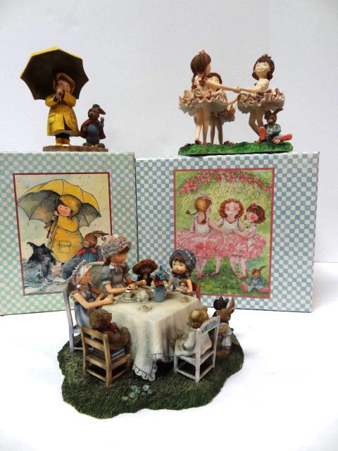 Special Friends By Sherri Buck Baldwin: Three Large Special Friends Figures, Sarah and Chester with OB, Round and Round with OB, Tea Party, Box 8 1/2" Tall Box largest