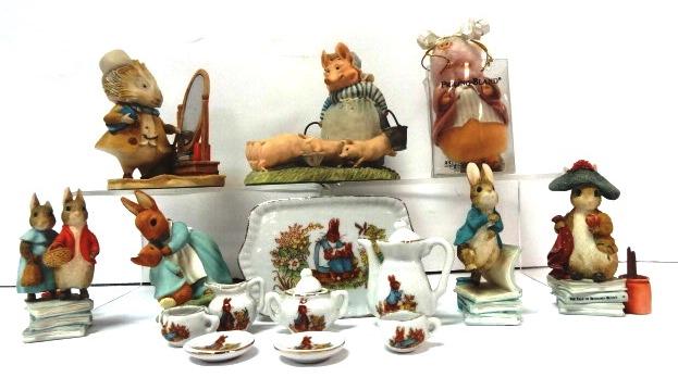 Beatrix Potter Figures: Six Figures Tea Set, and Plush Pigling Bland in clear box, 4" Tall etc..