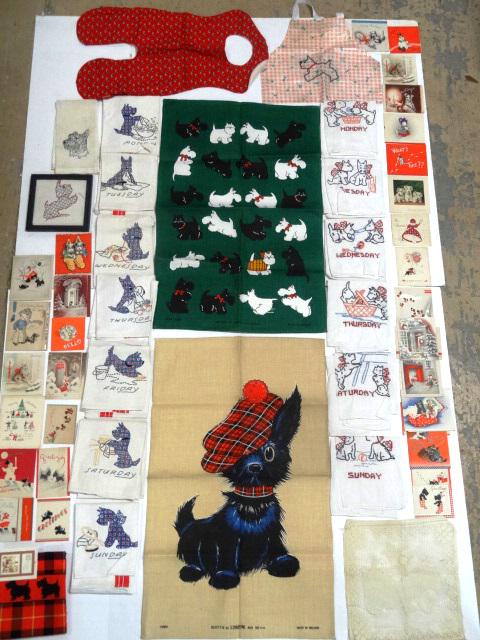 Scotty Dog Linens & Hand towels: Linens Hand towels one complete set for Days of Week, Large Irish towel by Lianne ,Lace cover, Cards, full lot, 29 x 17" Largest
