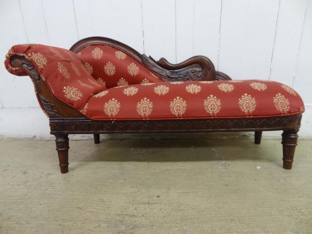Childs Recamier: Childs Contemporary Recamier with carved Swann Back and Red and Gold Upholstery, 18 1/2" tall by 36 'L, 16" Deep