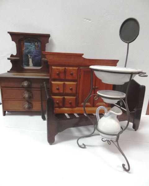 Doll Furniture: Doll Furniture, Dry Sink, Victorian Dresser, Bed, Metal washstand 17"