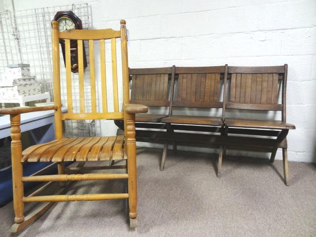 Antique Bench and Country Rocker: Antique Bench and Country Rocker JB Van Skiver Co. rocker 44 1/2"T 28"W 31"D, Bench 38"T 541/2"W 20"D