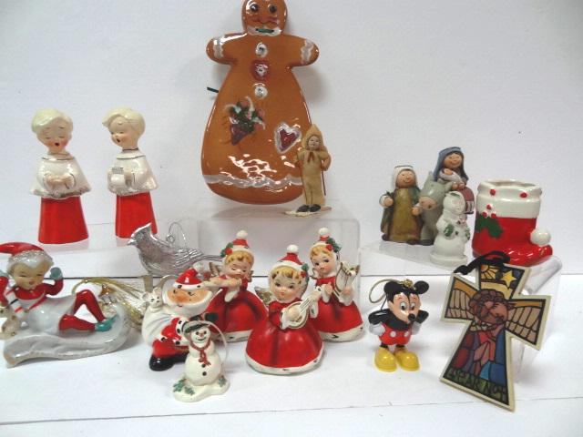 Christmas Figure Collection: Contemporary Roseville Gingerbread Porcelain cookie, Cotton batting Skier ( tips missing), Japanese Musical Angel, Santa, Mickey Mouse , Japanese choir boys, other Angels, , very nice.