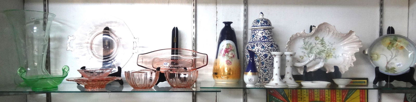 Shelf of Depression Glass and other glass and porcelain (1 of 3)