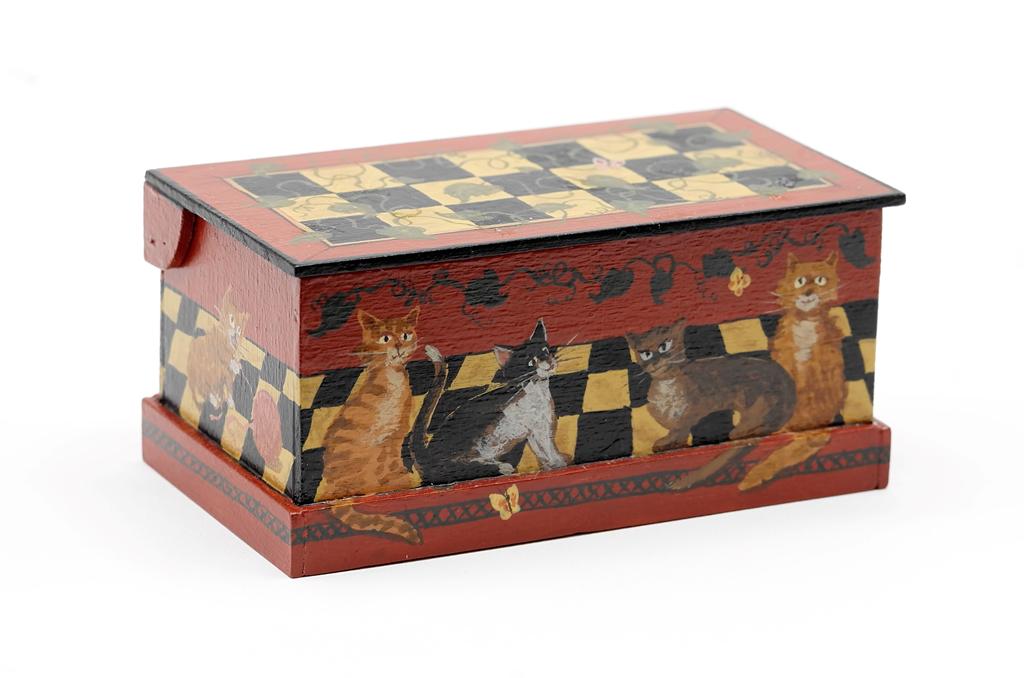 Dollhouse Painted Blanket Chest: Cherry blanket chest hand painted with cats, ivy and checkerboard rugs, signed SS '96, 3 3/8"W
