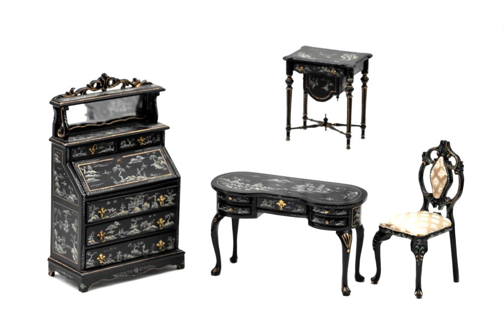 Bespaq Dollhouse Chinoiserie Furniture: Hand painted Bespaq furniture in the Chinese style, writing desk with mirror 3.25"W, 5"H, dressing table 4"W with chair, single drawer sewing table with storage well 2"W