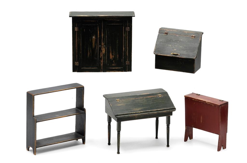 CJ's Dollhouse Painted Country Furniture: Nice grouping of signed C.J.'s painted country furniture with a distressed paint finish, slant lid writing desk 3.75"W, two door hanging cupboard with interior shelves and cubby holes 3.75"W, 3.5"H, s