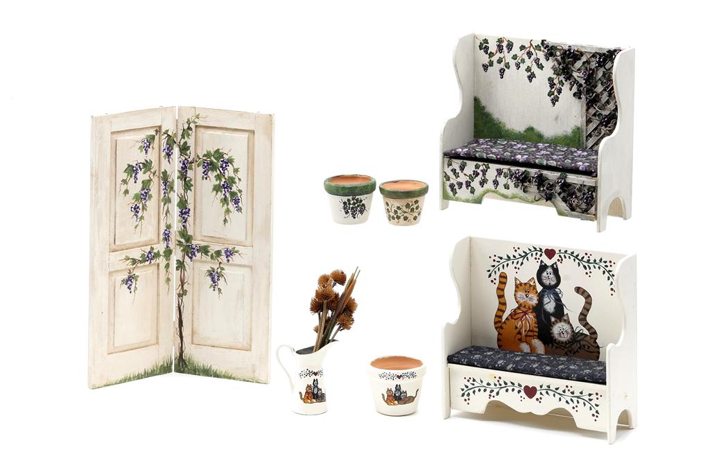 Terri Hill Dollhouse Hand Painted Furniture: Terri Hill high back bench with lattice details decorated with painted and applied grapes 4"W, 4"H, 1.5"D, high back bench decorated with hand painted cats, ivy and hearts, metal pitcher with hand pai