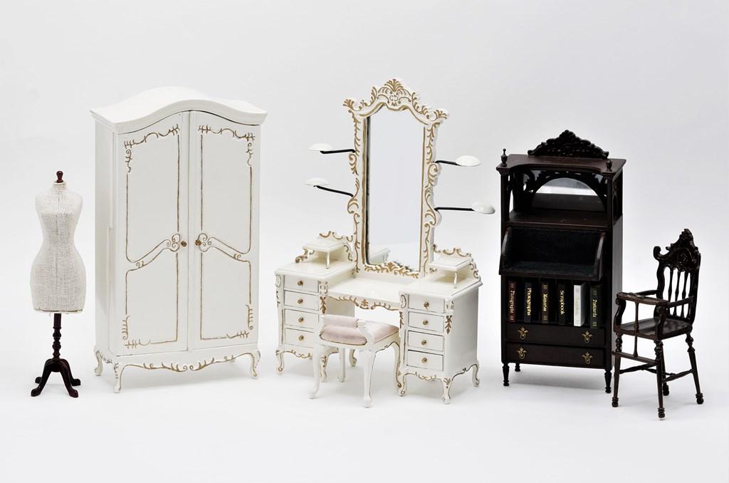 Bespaq Dollhouse Miniature Furniture: Bespaq French two door armoire with a nicely fitted interior 7"H, 4"W, 1.75"D, matching dressing table with mirror 4.75"W, 7.25"H with low back bench, Victorian style upright desk with drop down writi