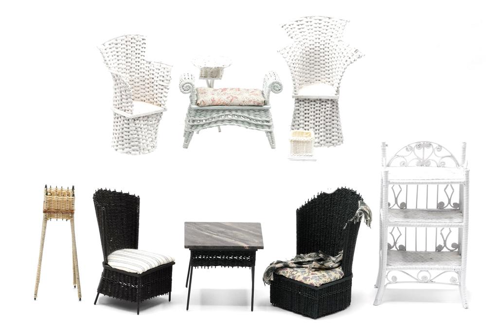 Tate Dollhouse Wicker Furniture & Others: Marvin and Barbara Tate three piece wicker set includes table with faux painted top 2 3/8" square by 2.25"H, pair of chairs 3.5"H, also includes small square plant stand signed BL and unsigned bench,