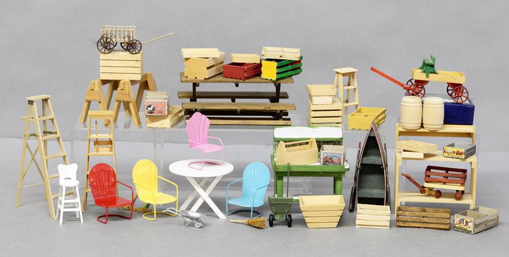 Dollhouse Outdoor Accessories: Includes wood potting benches, picnic table with benches, wagons, ladders, saw horses, round table, tools and boat, metal painted chairs and spreader, toolbox, barrel, crates, fruit and vegetable crat