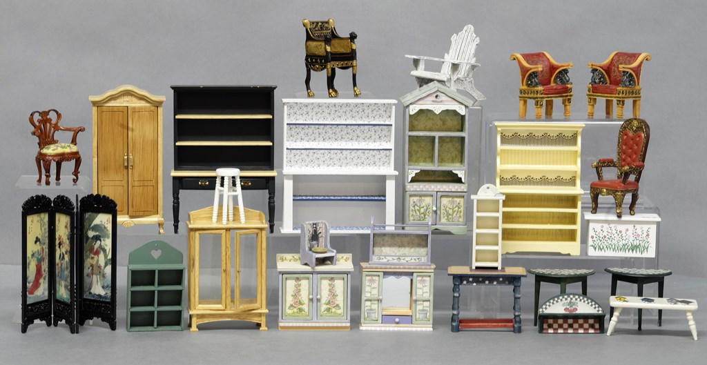 Large group of Painted Dollhouse Furniture: Nice grouping of painted dollhouse commercial furniture in 1" scale, cupboards, curio cabinet, armoire, cabinets, blanket chest, tables, shelves, also an assortment of painted resin chairs and a plast