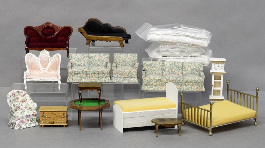 Large Group of Dollhouse Furniture: Nice selection of 1" scale dollhouse furniture, some vintage, three piece seating set with sofa, loveseat and armchair, games table, checkerboard table, clock blanket chest, coffee table, brass bed fr