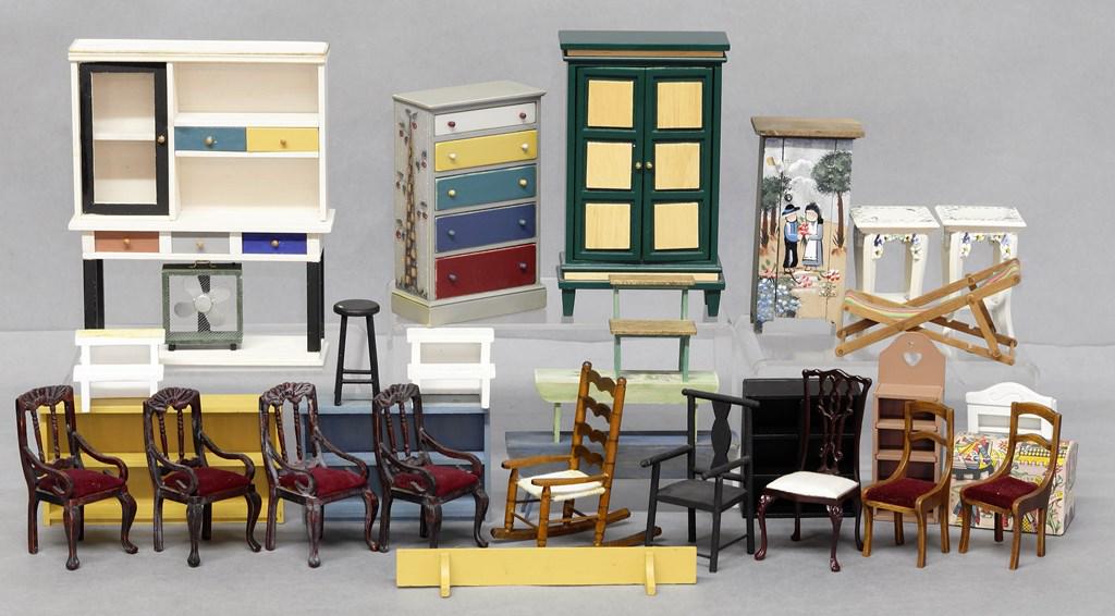 Large Group of Dollhouse Furniture: Nice selection of colorful 1" scale dollhouse furniture, some hand painted, armoire, dresser, china cabinet, cupboard, bookcases, shelves, step stool, chairs, trunk etc.