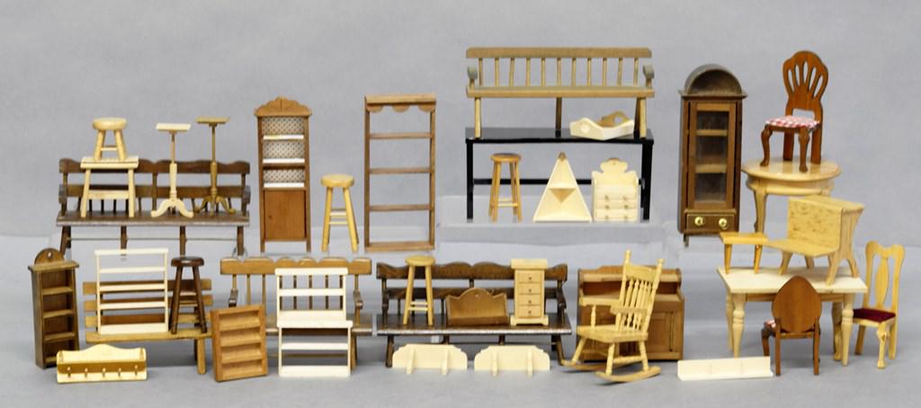 Large Group of Dollhouse Furniture: Large group of 1" scale furniture, some unfinished kits, benches, dry sink, shelves, chairs, tables, stools etc.