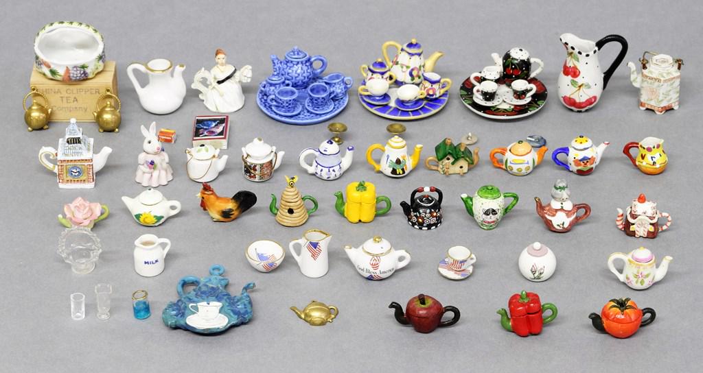 Dollhouse Teapots and Accessories: large grouping of whimsical dollhouse teapots made of china, metal and resin, average size .75"W