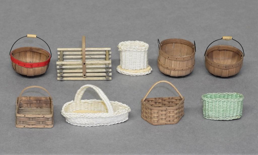 Dollhouse Signed Artisan Baskets: Six artisan baskets signed by Al Chandronnait, white basket by Betty Remer, two baskets signed BR, largest 1.5"L
