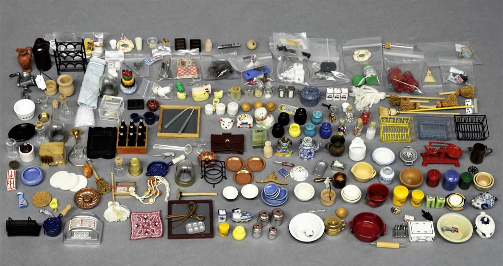 Large Group of Dollhouse Kitchen Accessories: Large assortment includes canisters, copperware, jars, molds, pots, tin ware, boxes, wine rack, signs, radio, chalkboards, spoon rack, bottles etc.