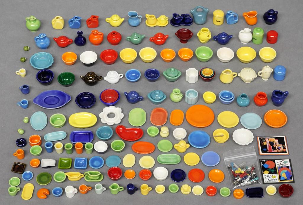 Large Grouping Of Dollhouse Fiesta China: Huge assortment of dollhouse china accessories in the Fiesta style, assorted colors, most unused, small amount artist signed DF or CJ