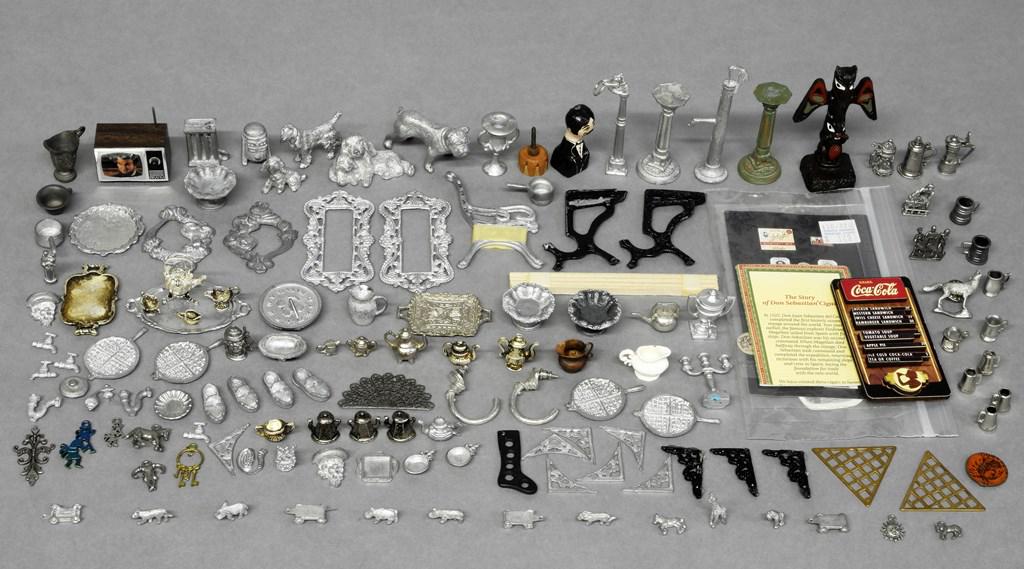 Dollhouse Pub, Tobacco Shop & Pewter Accessories: Selection of pub and tobacco shop accessories, include half mannequin, spittoons, TV, bottles, razors, smoking accessories, wine glasses, cigarettes, advertising signs, dartboard, totem pole, pewter m
